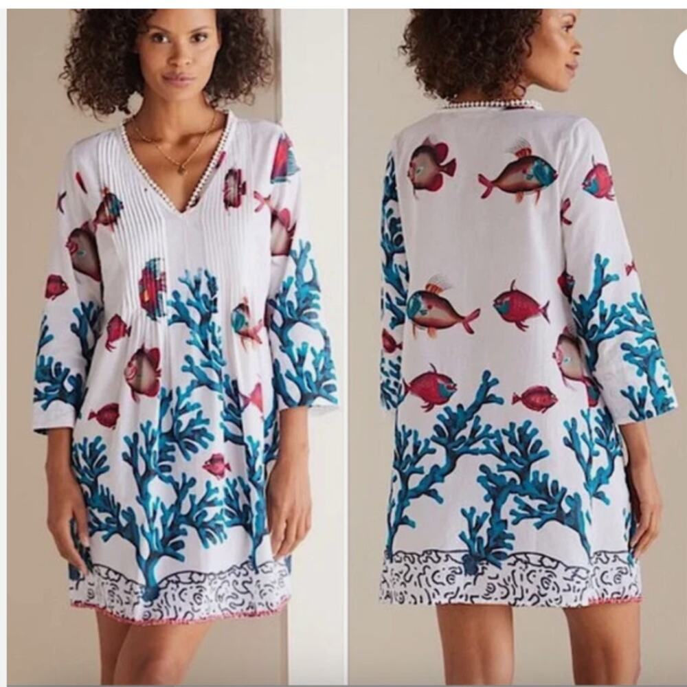 Soft Surroundings Seychelles Tunic Fish Print Beach Cover Up Petite XL White
